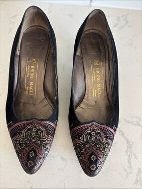 Vintage Bruno Magli Black Suede Pointed Flats with Pink Paisley Toe